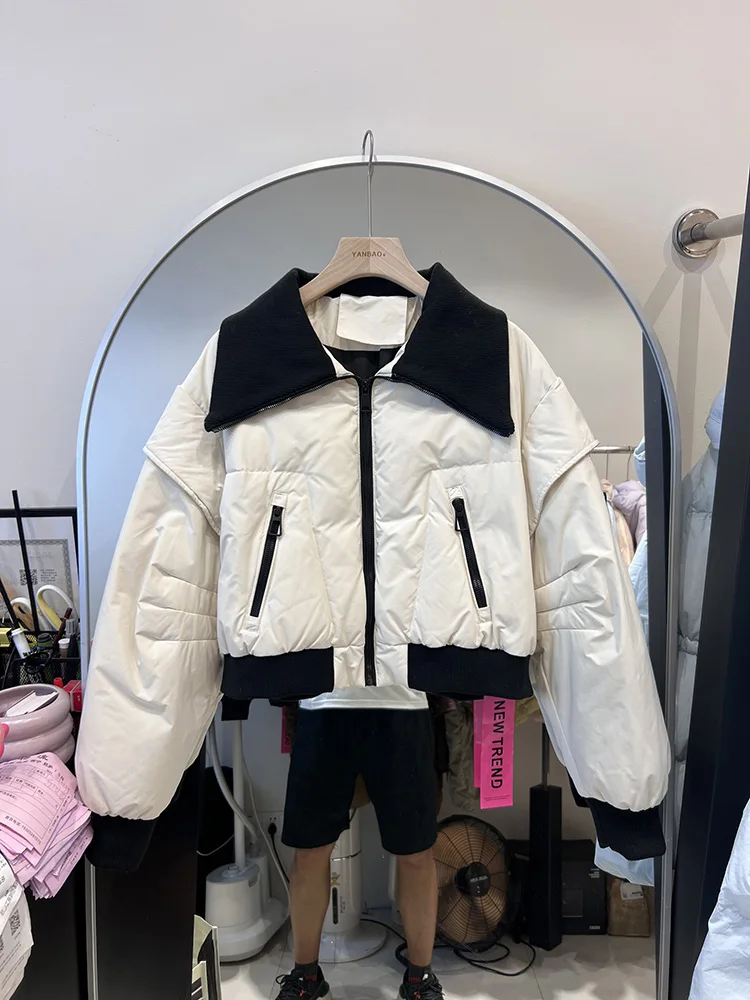 

Fashion Lapel Collar Splicing Knitted Collar Warmth White Duck Down Coat Women's Winter New Short Style Down Jacket