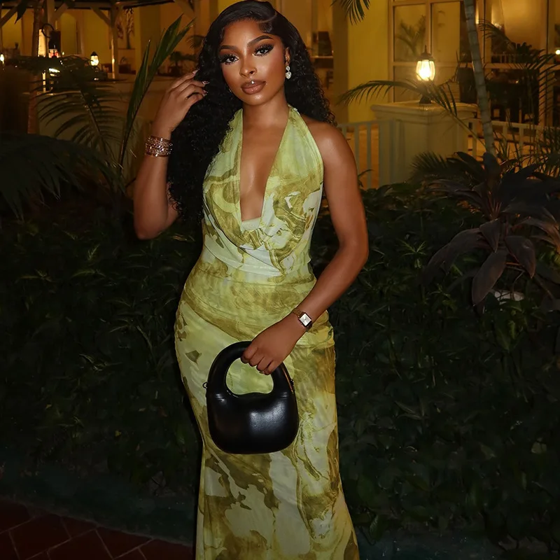 Siostra gwiazda 2025 damska świeża moda z nadrukiem Backless elegancka sukienka z rybim ogonem wąska sukienka z głębokim dekoltem w szpic