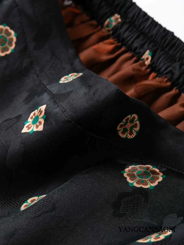 2026 Women's Fashion New Black Printed 100% Natural Mulberry Silk Gambiered Guangdong Gauze Elastic Waist Split Hip Skirt