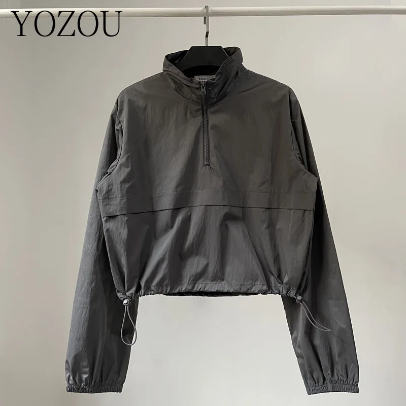 [YOZOU] Gorpcore Thin Windbreaker Zip Up Neck Drawstring Loose Short Top Women Outdoor Comfort Clothes Outwear Streetwear