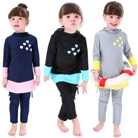 여아 이슬람 어린이 수영복, 투피스 긴 소매 수영복, 아랍 이슬람 비치 웨어, 수영 다이빙 슈트, 부르키니