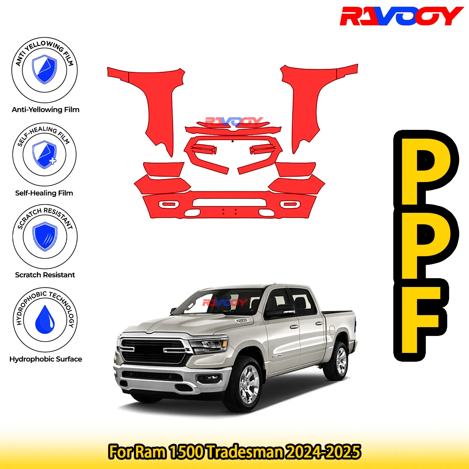 

Для Ram 1500 Tradesman 2024-2025 глянцевая матовая черная предварительно вырезанная передняя защитная пленка PPF Kit