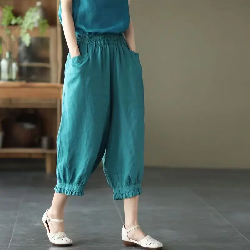 Vintage verão algodão e linho harem calças femininas casual sólido fino cintura elástica capri calças cortadas 2025 novo