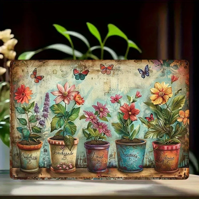 Bezauberndes Vintage-Garten-Metallschild – Rustikales Design mit Topfpflanzen und bunten Blumen, langlebige Eisen-Wandkunst für die Dekoration von Zuhause und Büro