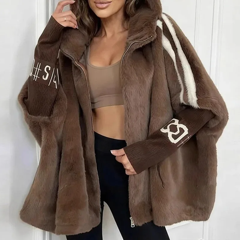 

New Spliced Warm Contrast Color Coat Autumn Winter Vintage Fur Long Sleeve Coat Leisure Lady Loose Hoodies Zipper Outerwear