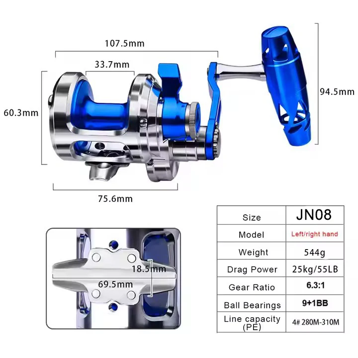 All Metal 9+1BB CNC Fishing Reel 6.3:1 Max Drag 55LB Capacity Deep Sea Saltwater Trolling & Jigging for Boat Fishing