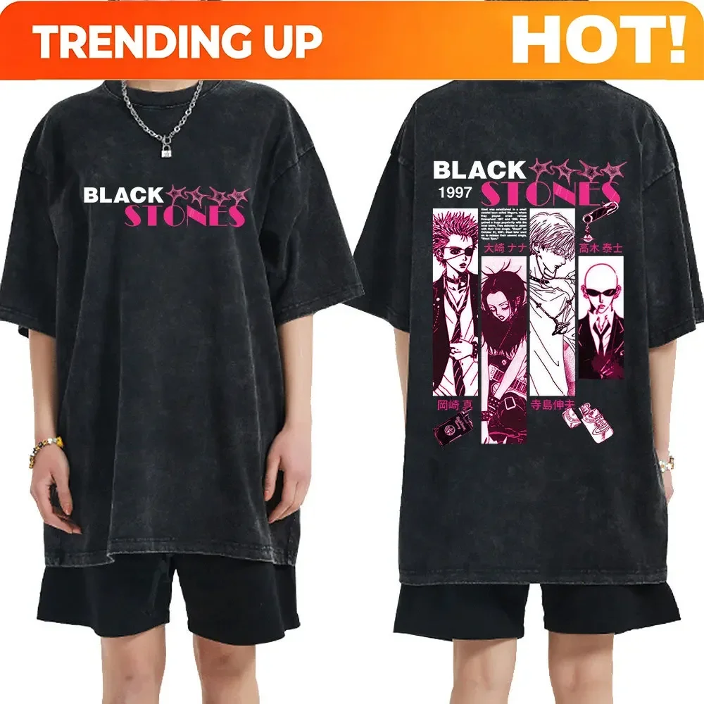 Camiseta Personalizada Vintage Lavada con Diseño de Anime Nana Osaki y Banda de Rock Black Stones, Camiseta de Manga Corta de Algodón para Hombre y Mujer, Estilo Harajuku