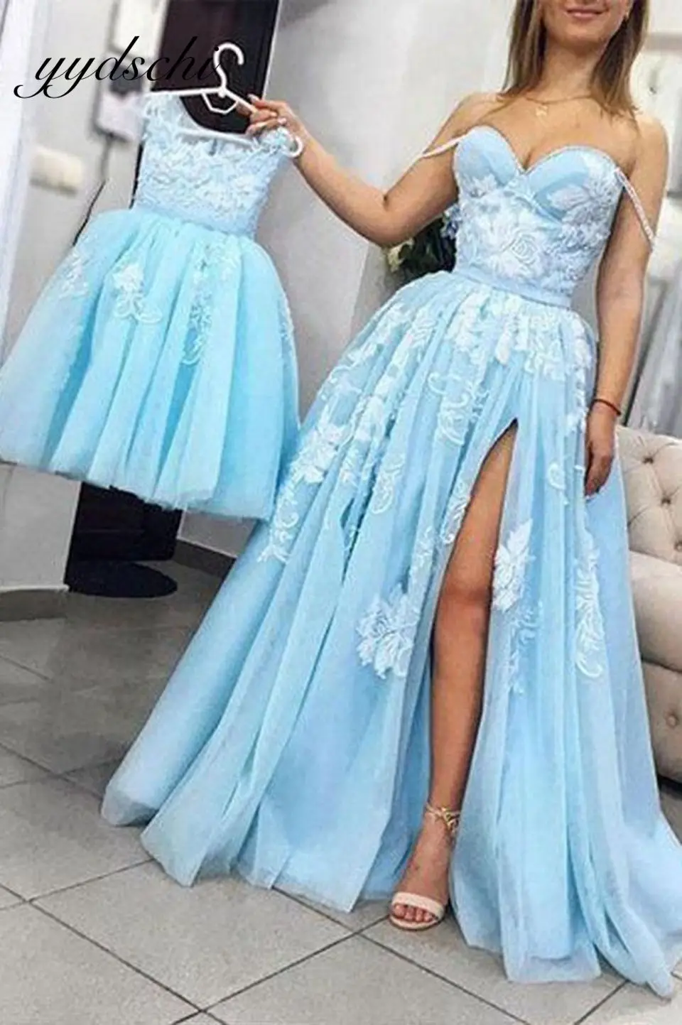 Light Blue Tulle Appliques Dresses Flower Girls Dresses For Wedding Mother Daughter Matching Clothes Birthday Party Pageant Gown