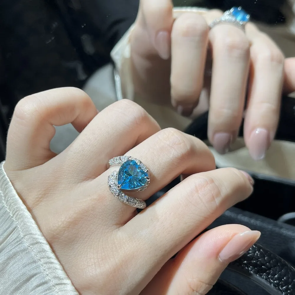 Brillian New Luxury AAAAA Cubic Zirconia Sea Blue Love Ring Fashionable and Versatile Women's Wedding Jewelry Gifts B2769