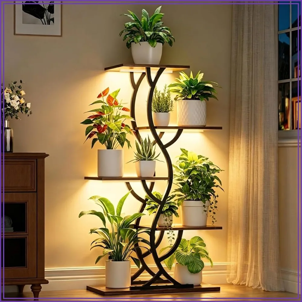 5-Tier Corner Plant Stand Indoor with Grow Lights - Brown Shelving Unit