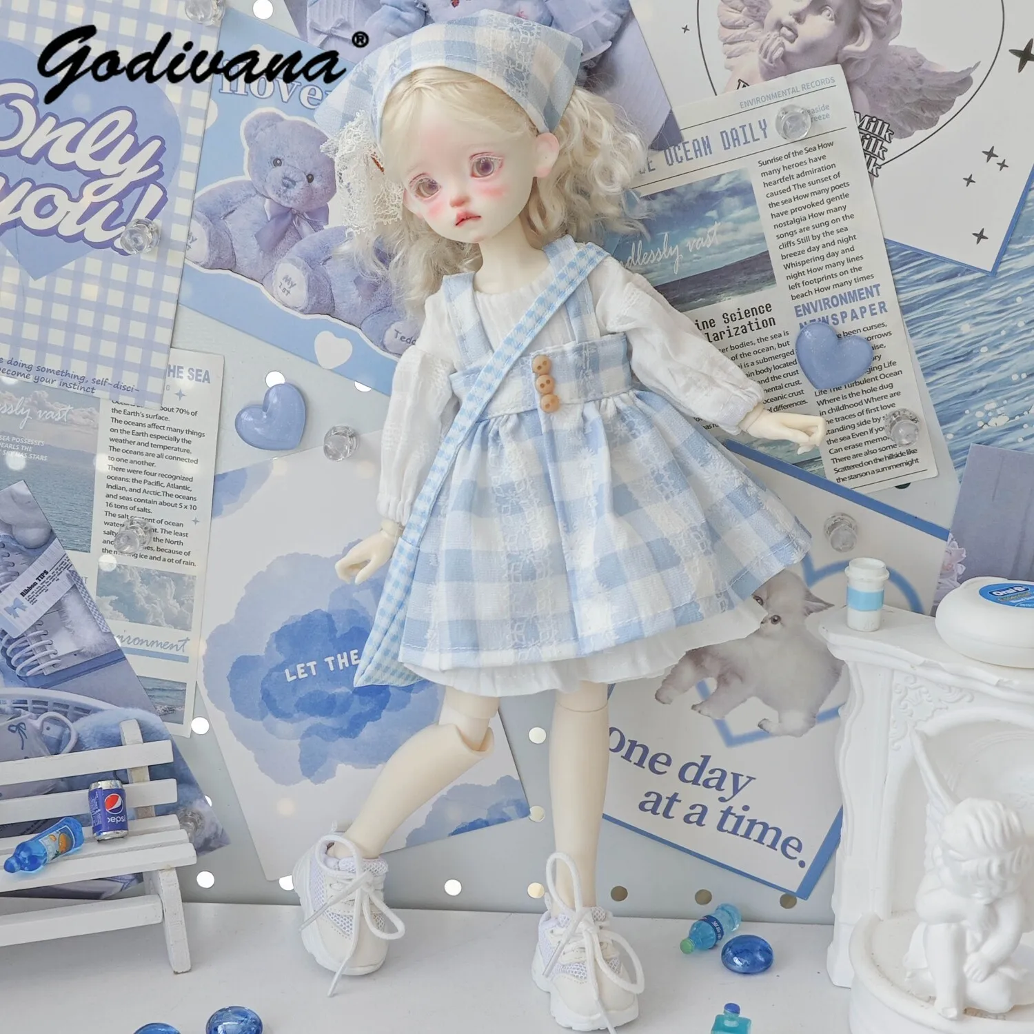 1/6 BJD Doll Clothes Set Fresh Pastoral Inner Long Sleeves Ruffle Trim Dress with Blue Plaid Overdress Scarf and Messenger Bag