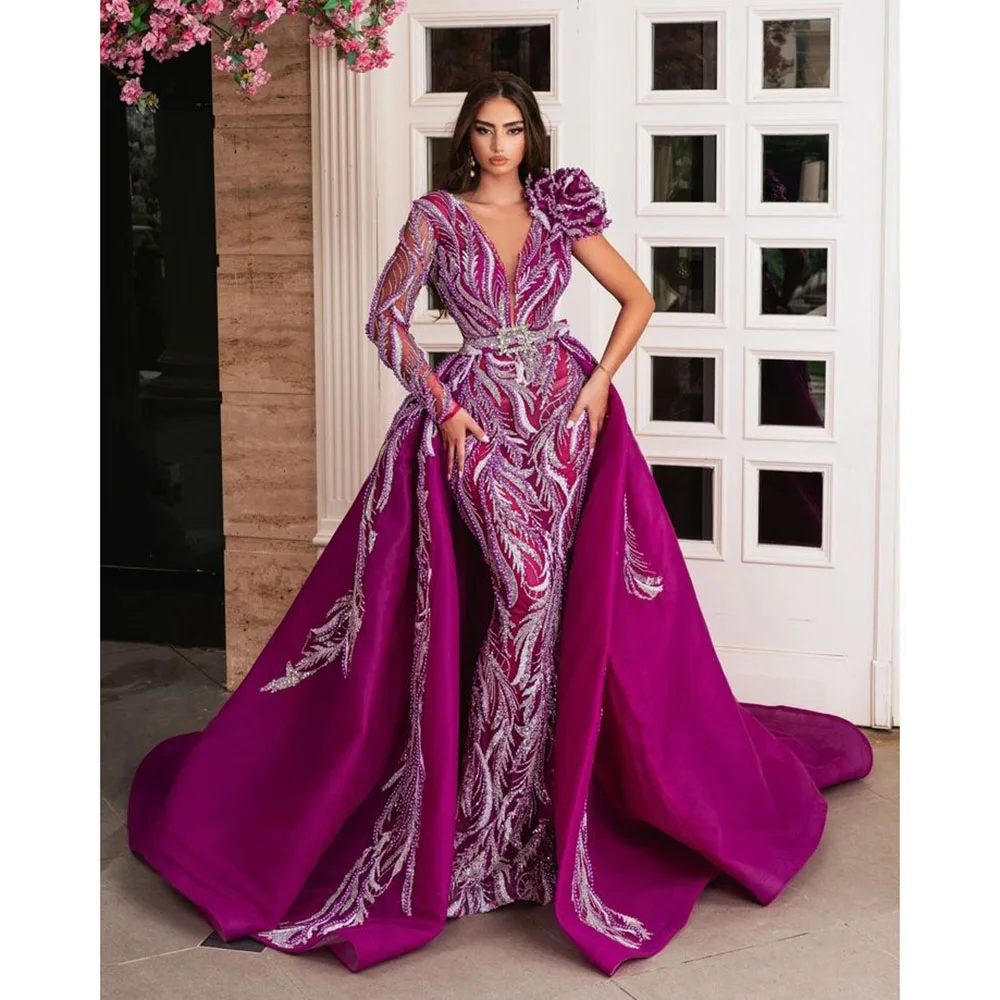 

Gorgeous Appliques Evening Dresses Exquisite Long Sleeve Detachable Train V-Neck Gowns Special Occasion Prom Party Dress