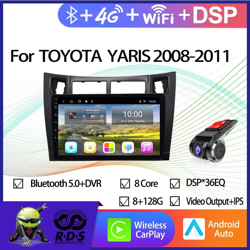 Android Auto Radio Stereo For TOYOTA YARIS 2008-2011 Car GPS Navigation With Wifi 4G Mirror Link Backup Camera Support DVR