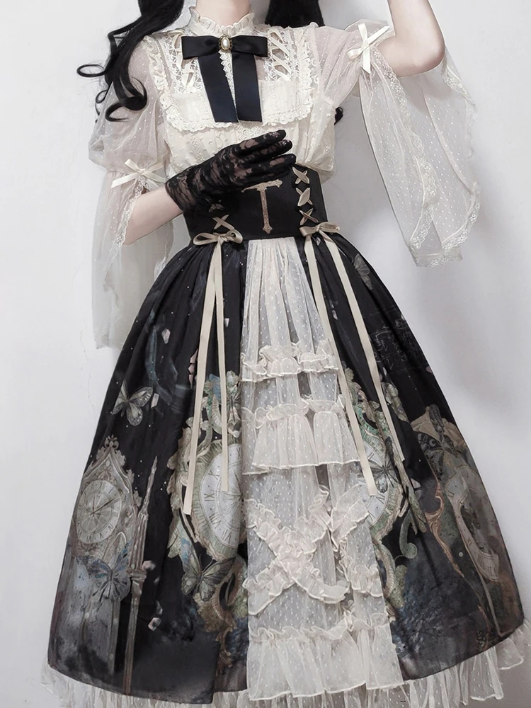 Gothic Classical Elegant Lolita Skirt Lace Bow Tie Shirts Top High Waist Lace-up Printing Overskirt Two-Piece Skirt Sets Women