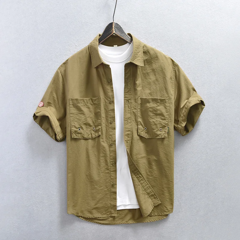 Z827 Summer Fashion Men Cotton Blended Cargo Shirt Solid Color Simple Casual Loose Short Sleeve Lapel Tops Dual Pockets Overalls