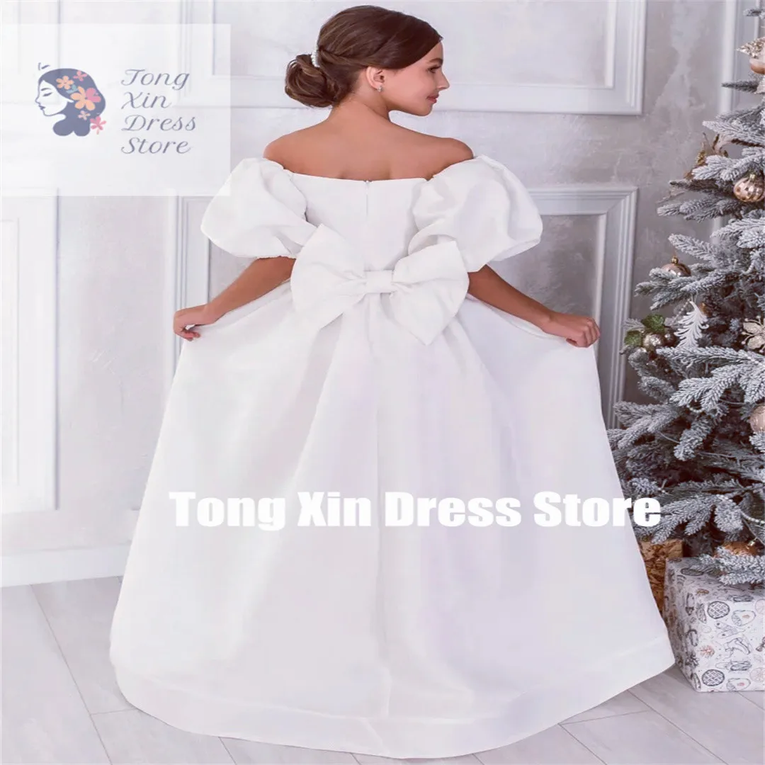 Customized Flower Girl Dresses White Satin Diamond Beltl With Bow Short Sleeves For Wedding Pageant Party Princess Gowns