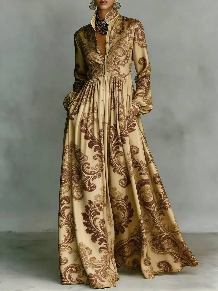

Beige And Brown Baroque Scroll Print Long Sleeve Maxi Dress With Mandarin Collar, Front Button Closure, Pleated Waist For Party