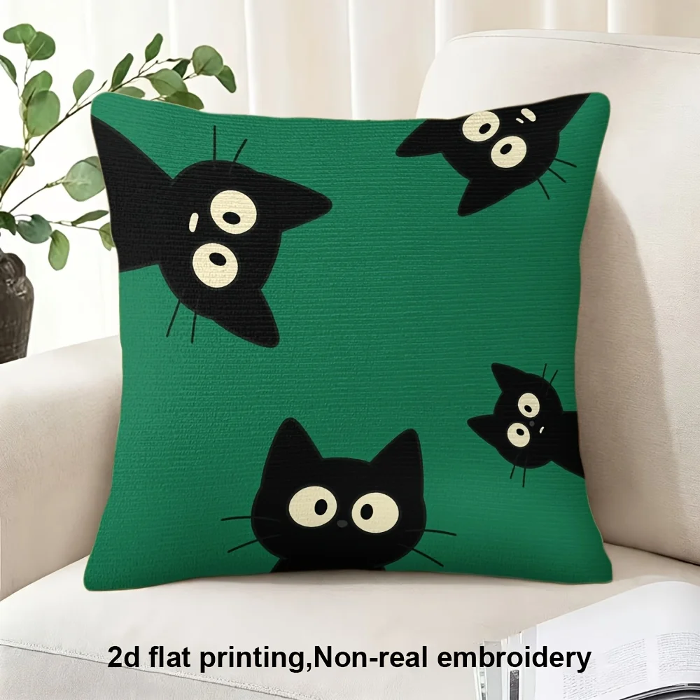 Cute Black Cat Pillow Case, Cartoon Kitten Cushion Cover for Sofa Bedroom Kids Room, Soft Square Throw Pillowcase Home Decor