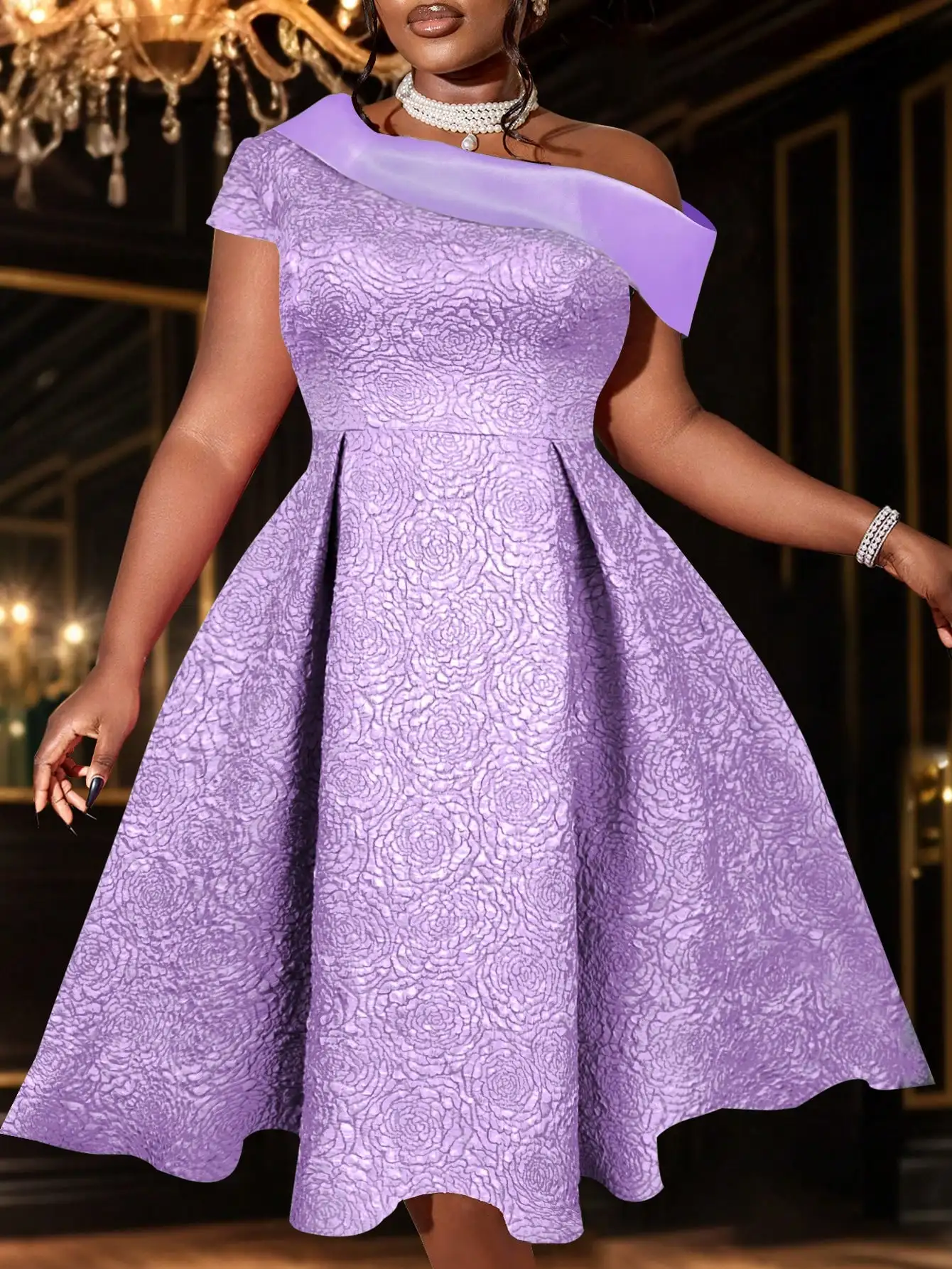 

Элегантное вечернее платье А-силуэта с цветочным жаккардовым узором и открытыми плечами для женщин больших размеров