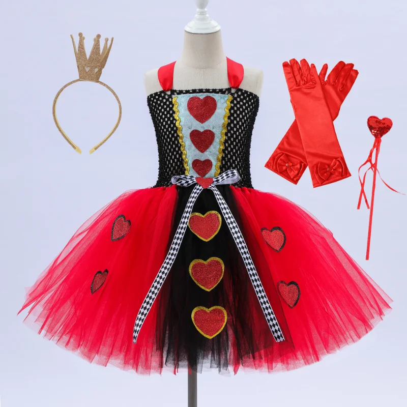 Girls Queen of Hearts Costume Kids Halloween Dress up Fancy Tutu Dress with Crown Classic Wonderland Red Queen Gown Clothes