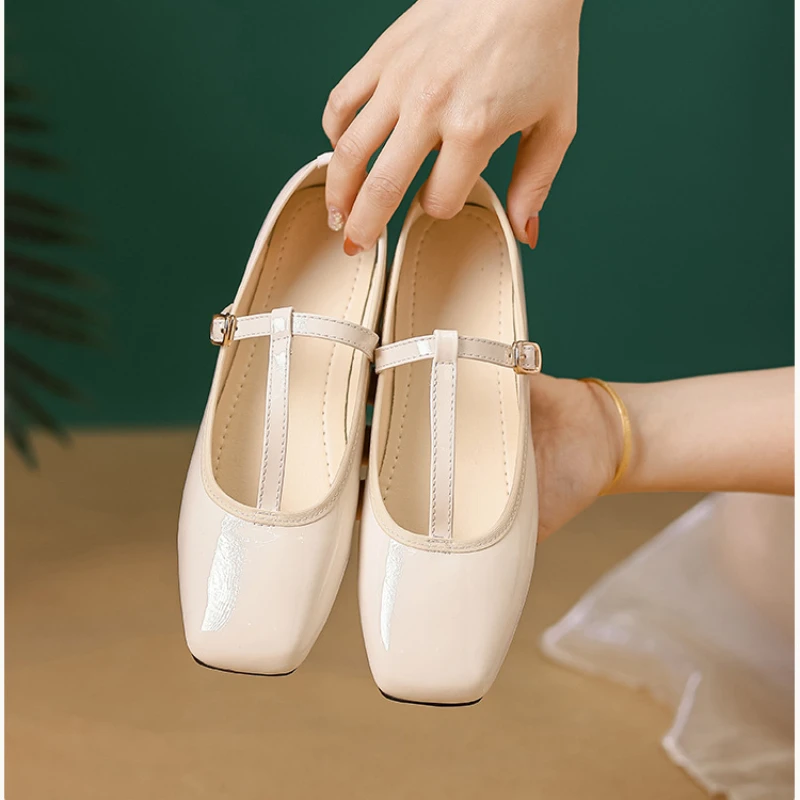 Women Flats Mary Janes Shoes High Quality Leather Soft Casual Outdoor Dress Shoes Square Toe Shallow Buckle Strap Shallow Flats