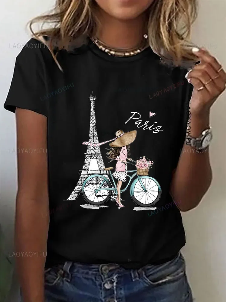 

Summer Paris Eiffel Tower Print Crew Neck Casual 100% Cotton T-shirt Man Women's Girls Eiffel Tower Streetwear Short Sleeve Tee