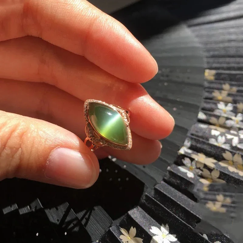 

Original Design New Marquise shape Natural Chrysoprase Ladies Ring Adjustable Ethnic Elegant Attending Party Silver Jewelry