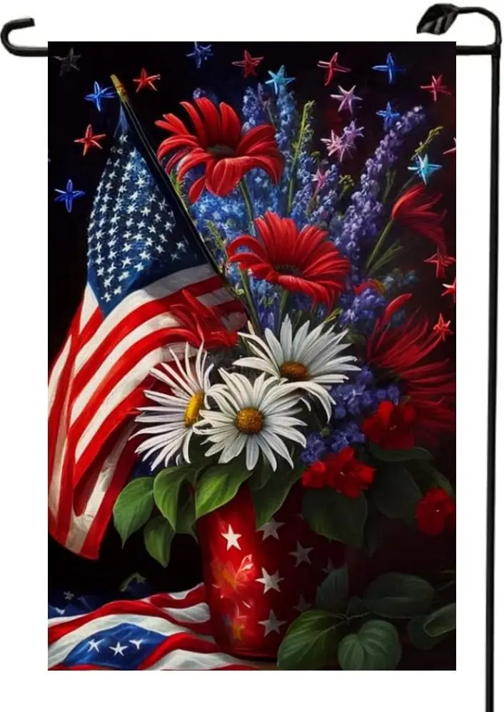 Patriotic 4th of July Garden Flag 12x18 Inch Double Sided for Outside Floral USA Flag Red Blue Memorial Day Independence Day Out