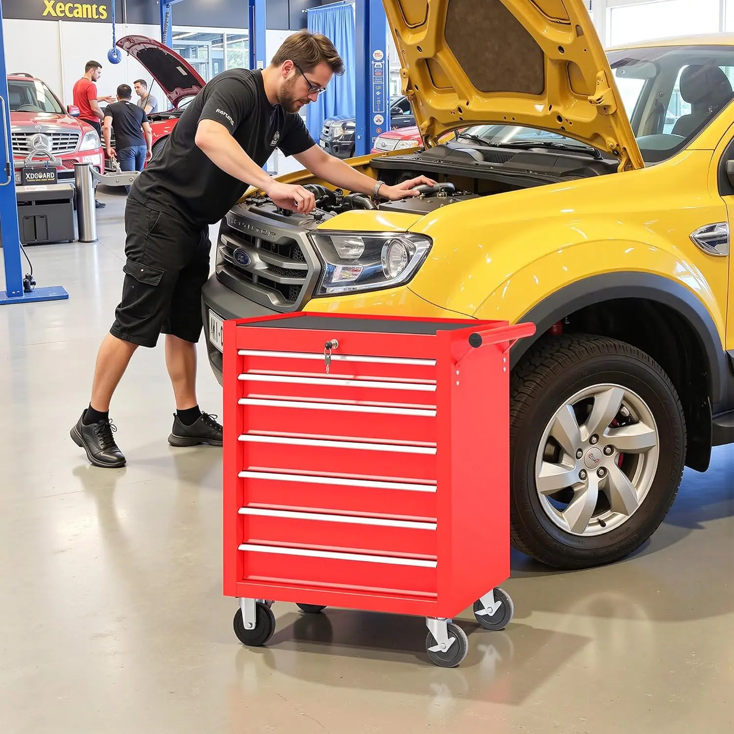 صندوق أدوات الصدر المتداول مع عجلات 7 أدراج أداة الصدر ث/عجلات قابلة للقفل عربة تخزين ميكانيكي متعدد الوظائف