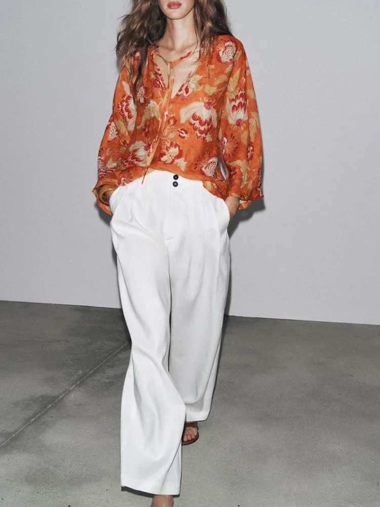 

European style new women's fashion versatile temperament simple round neck printed ramie pleated shirt