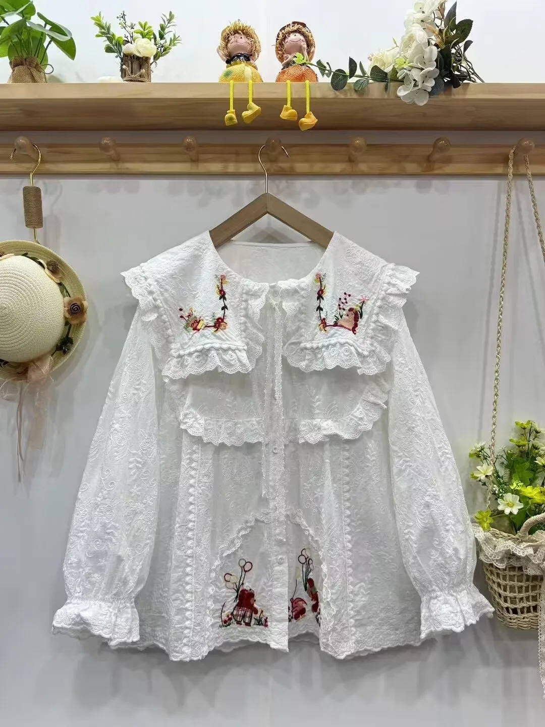 Autumn New Sweet Mori Style Embroidered Shirt For Woman Single Breasted Long Sleeve Casual Shirt 824-802