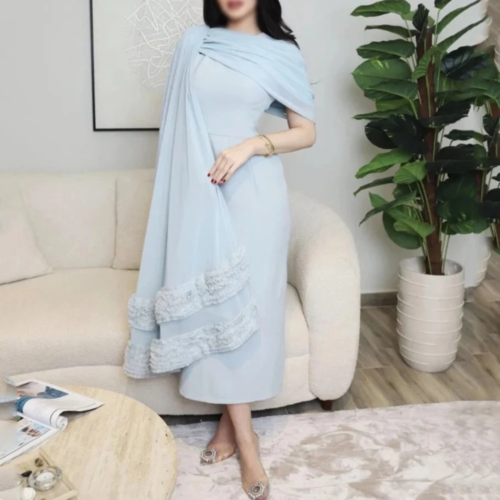 

Flechazo Short Evening Dress Sky Blue Off the Shoulder Cloak Women Customized Tea-Length Women Party Occasion فساتين سهرة