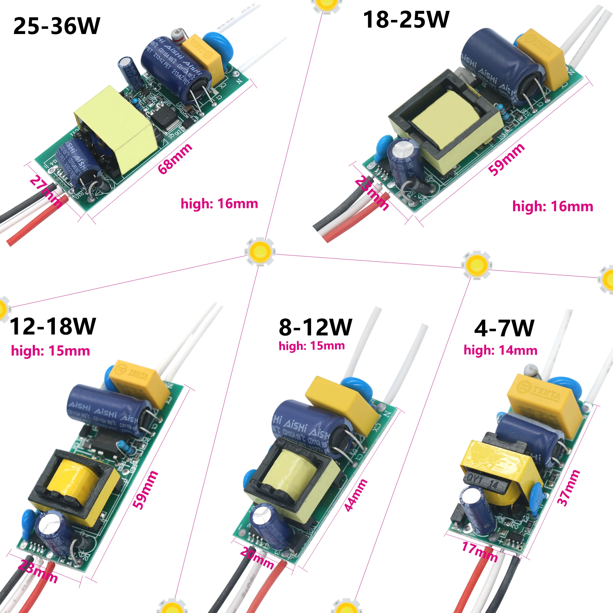 Un set di chip LED a tre colori COB 10W 14W 20W 30W con driver 8-12W12-18W18-25W 25-35W Accessori di controllo per luci di pannello