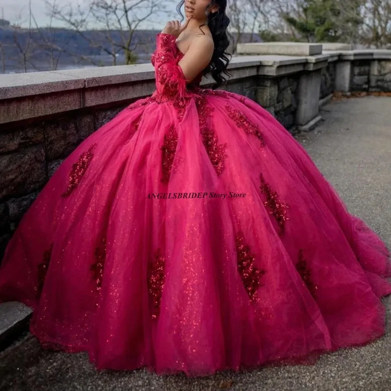 Angelsbridep Розово-красные платья Quinceanera Sweet 15, кружевные платья с аппликацией из тюля и бисера, Vestidos De Quinceañera по индивидуальному заказу