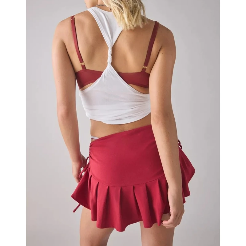 Women's Y2k Pleated Athletic Micro Mini Skirt with Side Drawstring Ruched Waistband Slim A-line Short Skirts Summer Streetwear