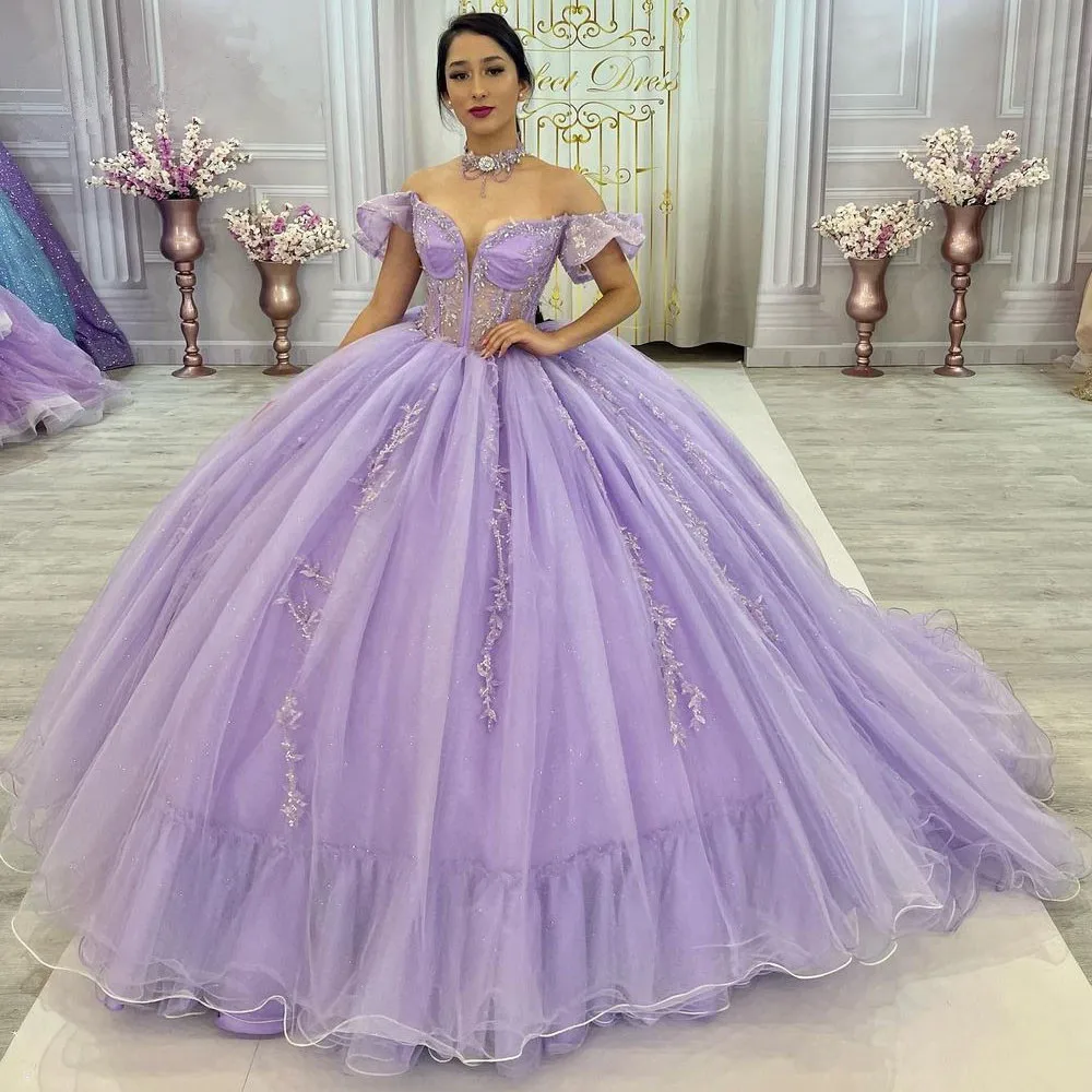 

Lilac Quinceanera Dress Ball Gown Fluffy Tulle Birthday Dress Lace Appliqué Beaded 15 Princess Party Dress