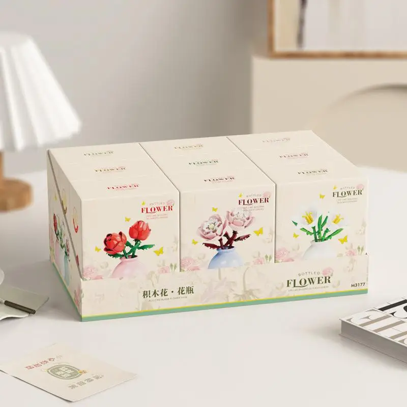 OUZEY Blumenarrangement-Bausteine mit Vase, über 14 DIY-Blumenmodellbausätze, kreatives Desktop-Dekor, Geschenk für Mädchen und Jugendliche