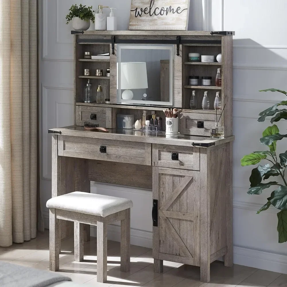 Farmhouse Makeup Vanity Desk with Sliding Mirror and Lights, 42'' Glass Tabletop Vanity Table with 2 Drawers & Shelves