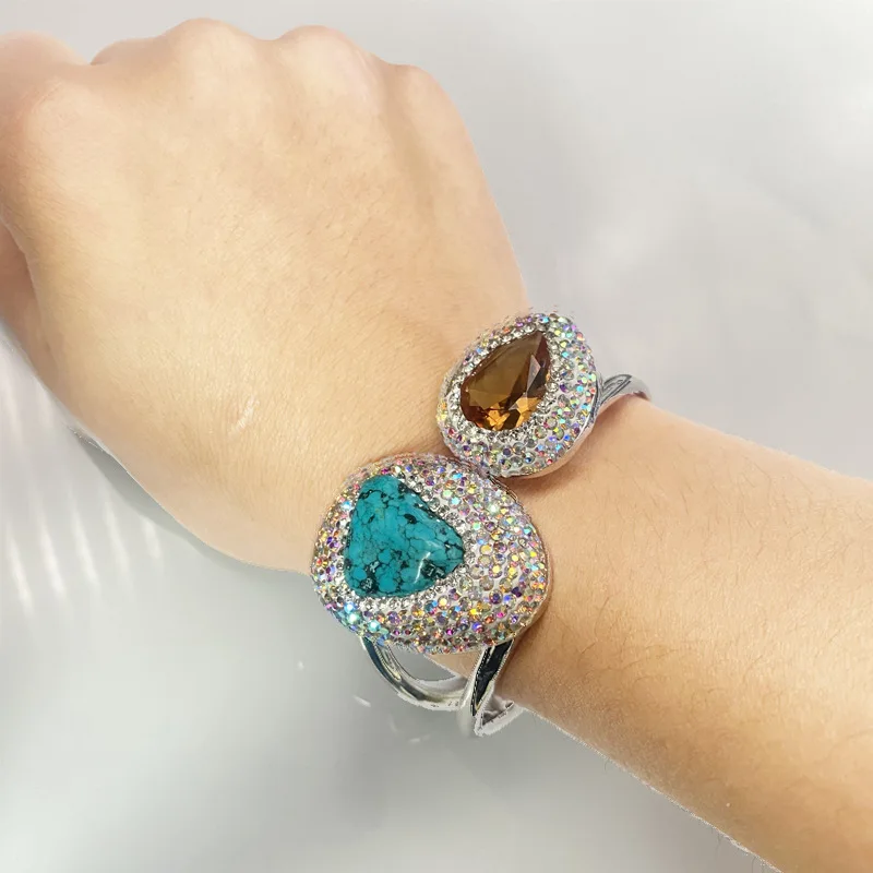 Natural Sultan turquoise light color change bracelet niche design hand inlaid rhinestone advanced bracelet women fashion jewelry