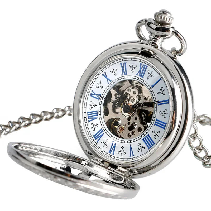 Silver Skeleton Clock Men Women Automatic Mechanical Pocket Watch Hollow Sun Flower Roman Numeral Pendant Chain Relogio de bolso