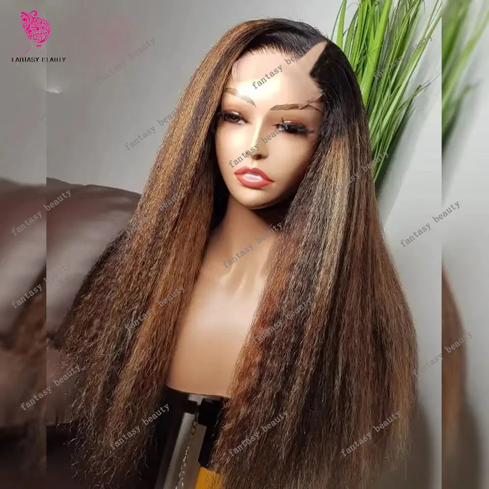 Evidenziare parrucca bionda crespa diritta V parte non trattata 100% parrucca di capelli umani Ombre cioccolato marrone a forma di U Yaki Straight Full End