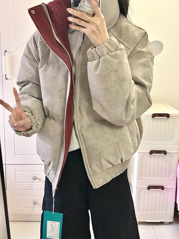 

American Dyed PU Leather Cotton Jaet Men's Winter Thiened Tee-Proof Bread Sle ort Coat Couples Casual Wear