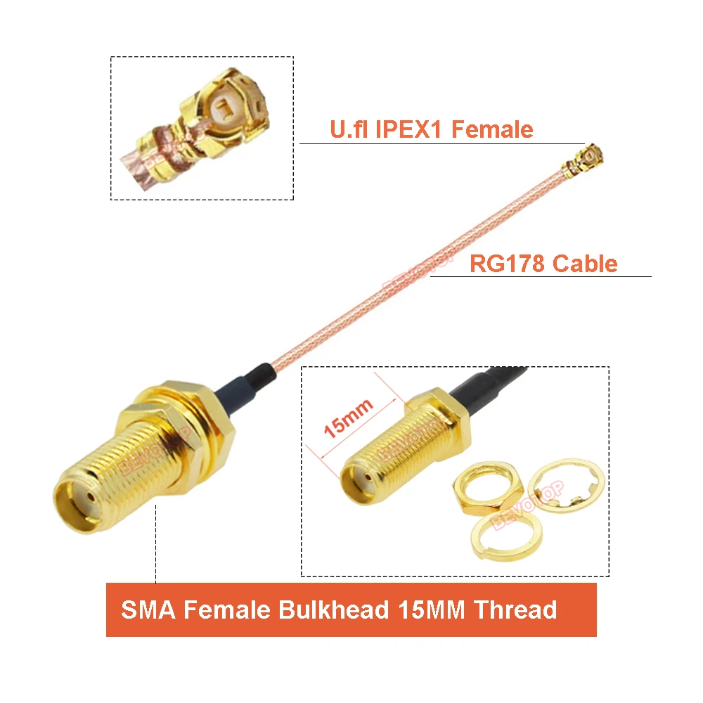 10pcs/lot BEVOTOP SMA to  15MM Thread SMA Female / RP-SMA Female to u.FL  1 Female Jack RG178 Jumper RF Coaxial Cable