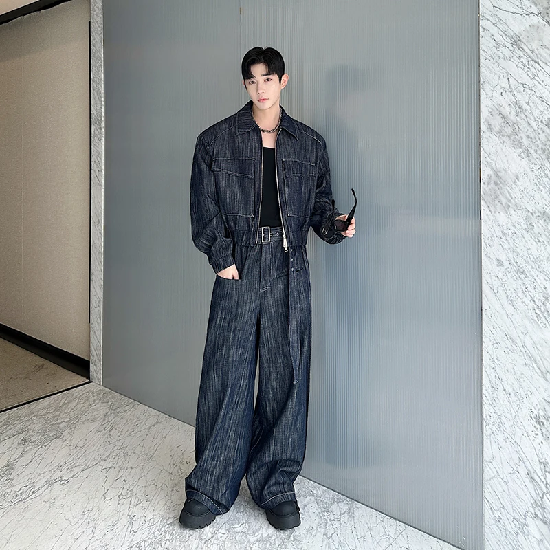 Denim Set Men 2025 Distressed Denim Set Short Lapel Jacket Cargo Pockets Straight Wide Leg Long Jeans Innovative Front Pockets