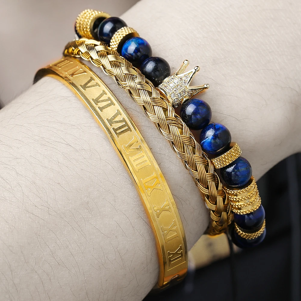 Vintage Crown Black Agate Tigereye Stone Woven Bracelet Roman Numerals Stainless Steel Non-Fading Light Luxury Bracelet for Men