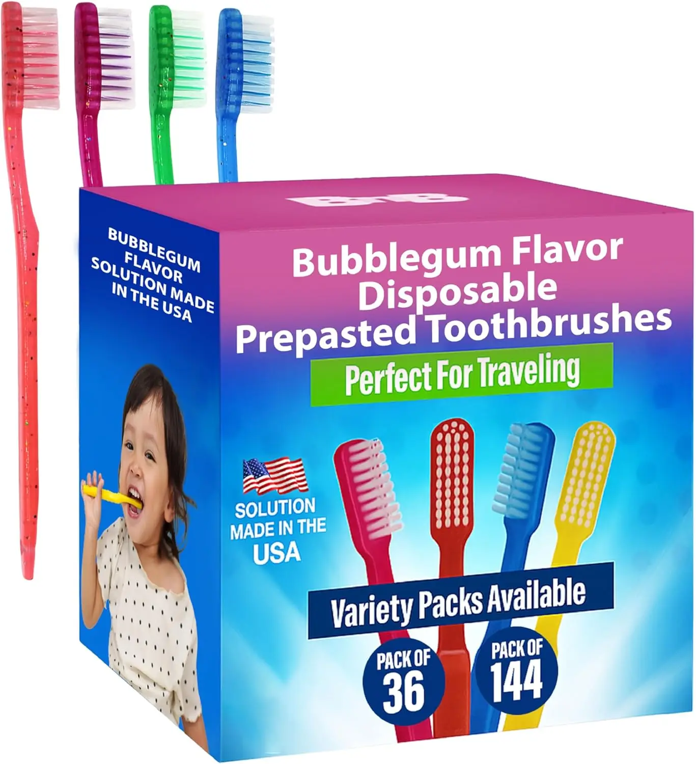 

144 Individually Wrapped Kids Toothbrushes, Bubblegum Flavor, No Water Needed - Just Brush (144 Pack)