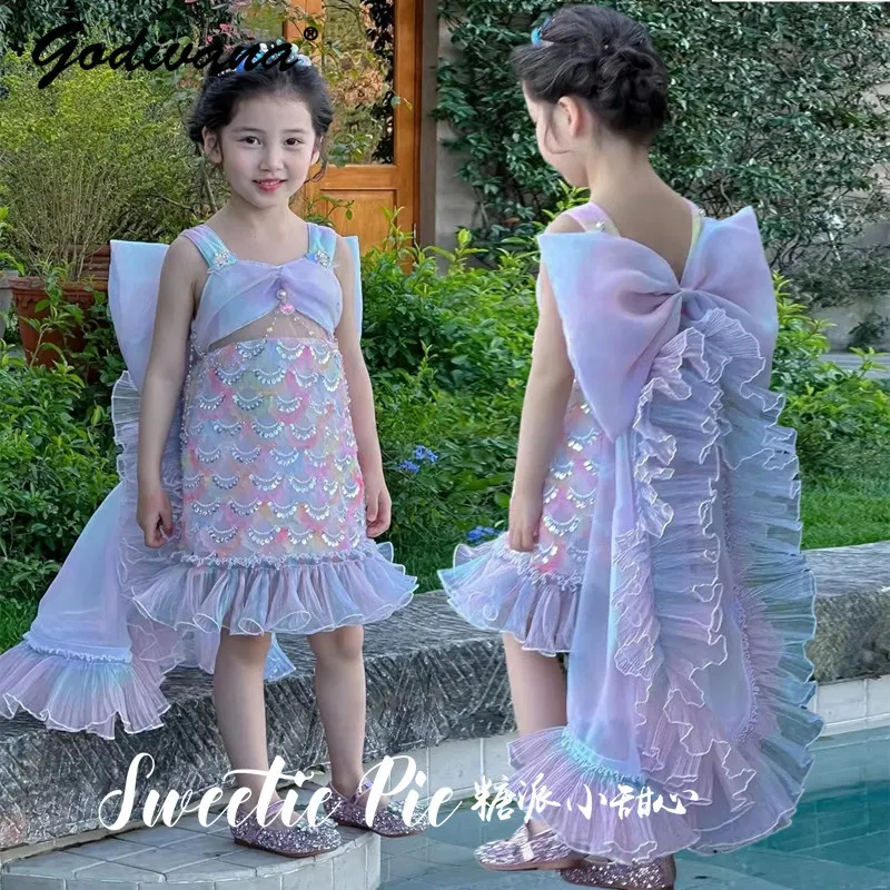 Cute Baby Girls Mermaid Princess Dress New Summer 2026 Kids High End Spaghetti Strap Sequin Tulle Bow Tail Performance Dresses
