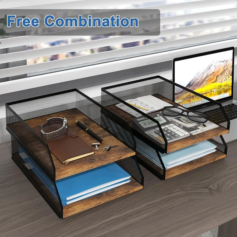 Natwind 4-уровневый штабелируемый лоток для бумаги, металлическая сетка, настольный органайзер, деревянная доска, сортировщик бумаги, лотки для писем, стеллаж для хранения файлов и документов