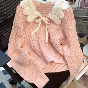 Jmprs-Suéter doce kawaii feminino, gola Peter Pan, tops de malha japonesa, manga comprida solta, pulôver casual, fofo, moda outono 10 principais vendas sueter gola peter pan - №9