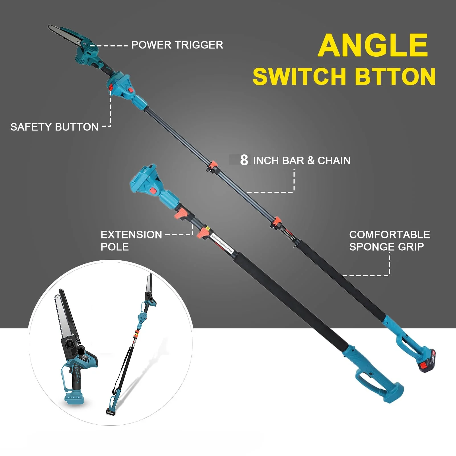 21V pole type electric pruning cutter 8-inch electric chain saw set, cordless electric pruning high branch saw, up to 8.2 feet,